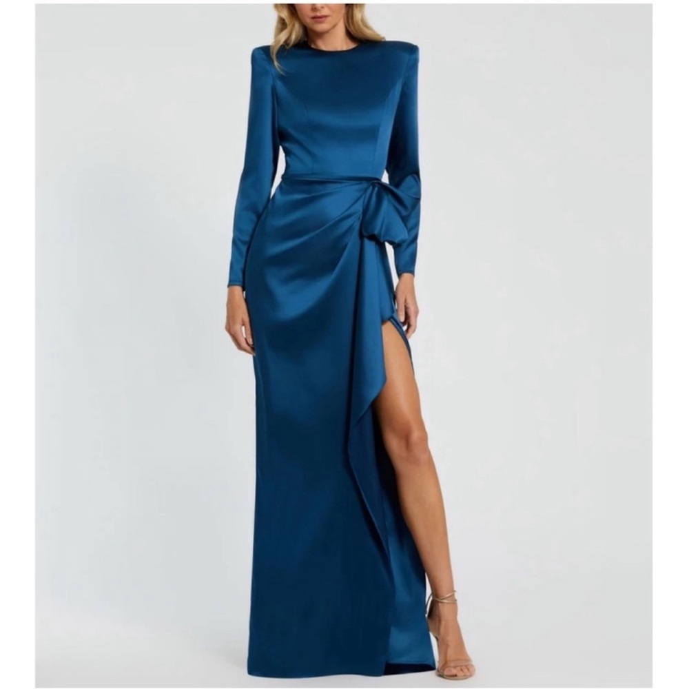 Mac Duggal Satin Ocean Blue Long Sleeve Structured Bow Draped Maxi Gown -Reemoly